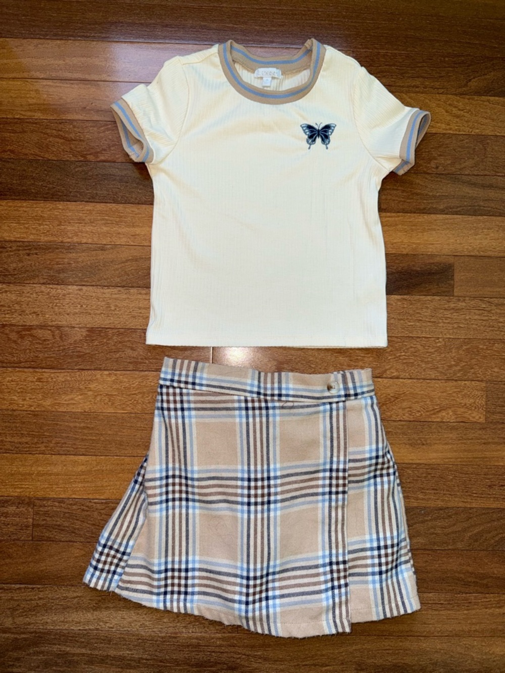 btween Cream Ribbed Tee with Tan & Blue Trim and Plaid Skort